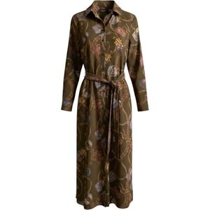 Lauren Ralph Lauren Belting Print Crepe Shirtdress Farm Olive Travel Motif Sz 0